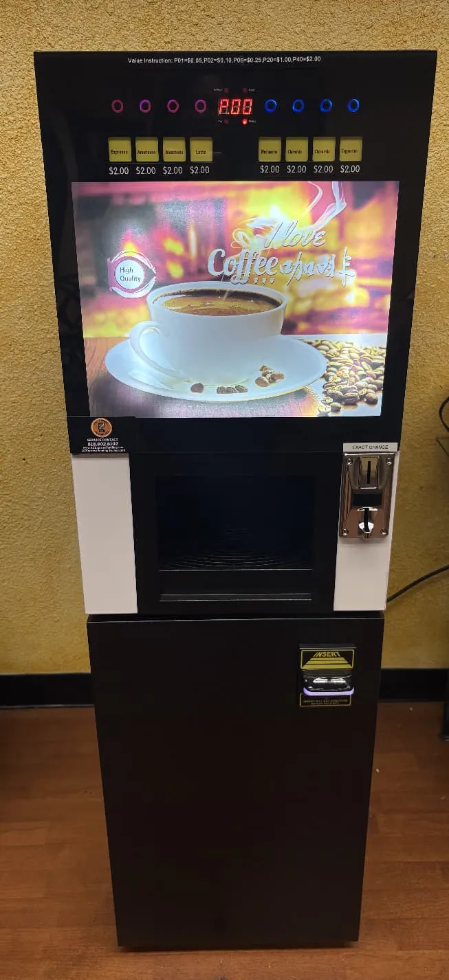 Coffee vending machine serving espresso, americano, latte, macchiato, mocha and cappuccino
