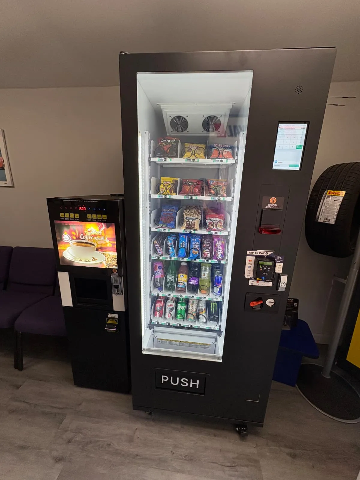 New touchscreen combo vending machine with tap-to-pay next to a hot coffee vending machine, installed free by AZ Express Vending in a customer waiting area