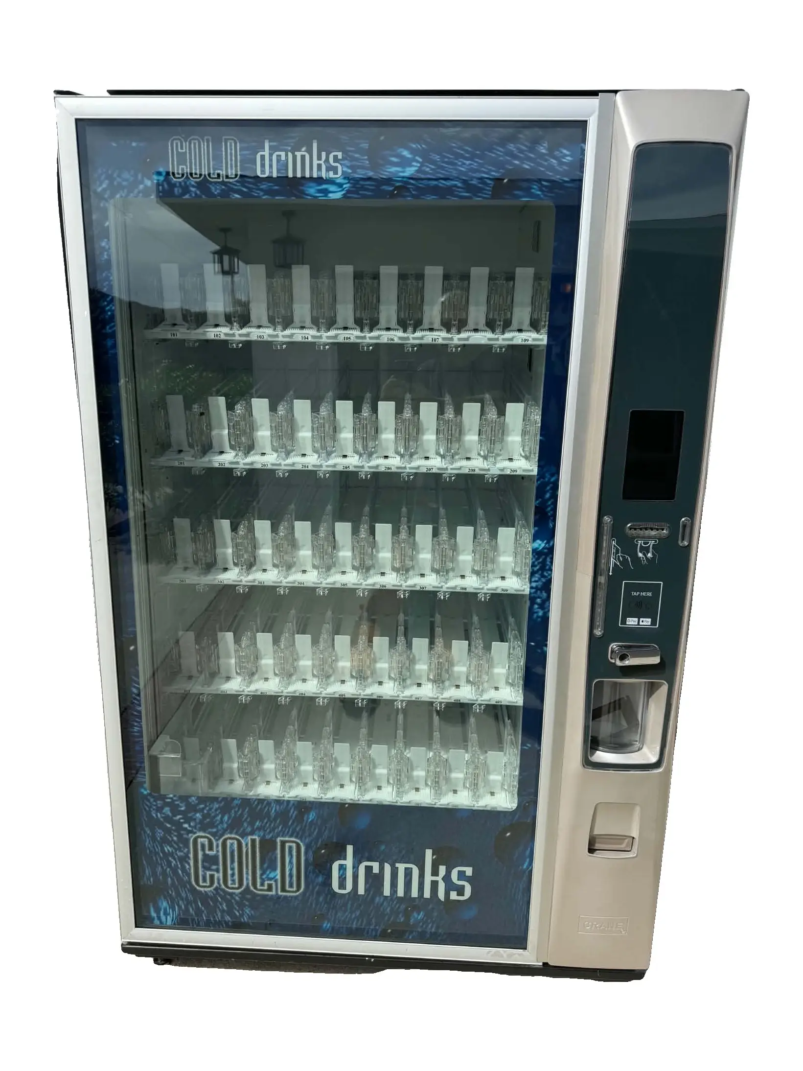 Refurbished Crane BevMax 6 (5800-6) glass-front drink vending machine, front view: lit empty shelves with 45 selections, silver service door with color touchscreen, bill validator, tap-to-pay card reader and coin slot