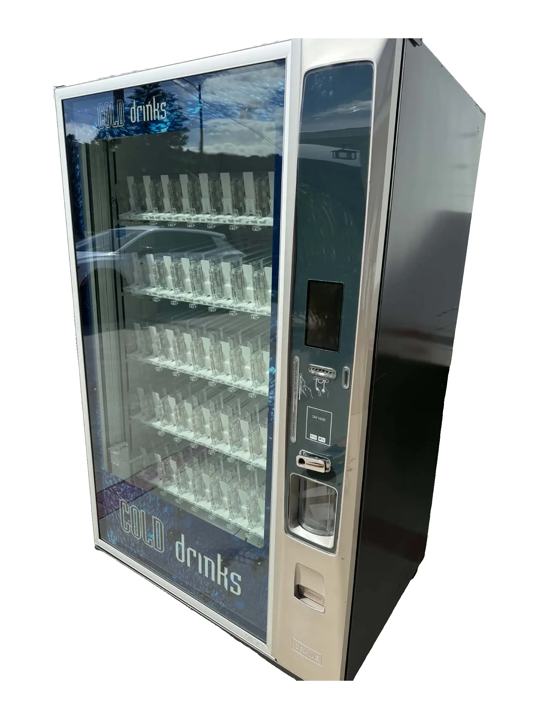 Crane BevMax 6 vending machine angled to show the service door: touchscreen, bill validator, TAP HERE contactless card reader, T-handle and delivery port