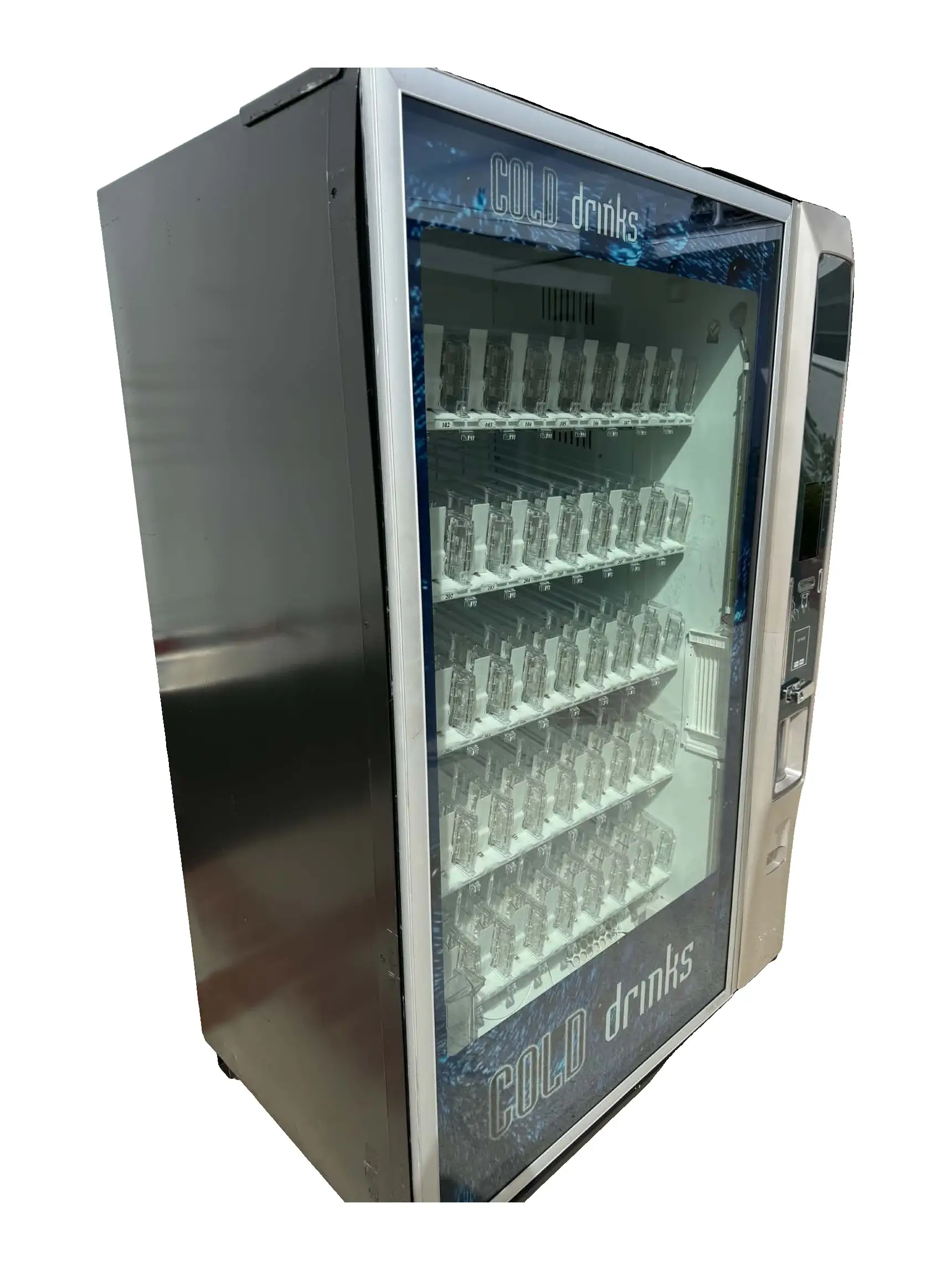 Crane BevMax 6 vending machine angled to show the black steel cabinet side and glass front with white shelves and clear product gates