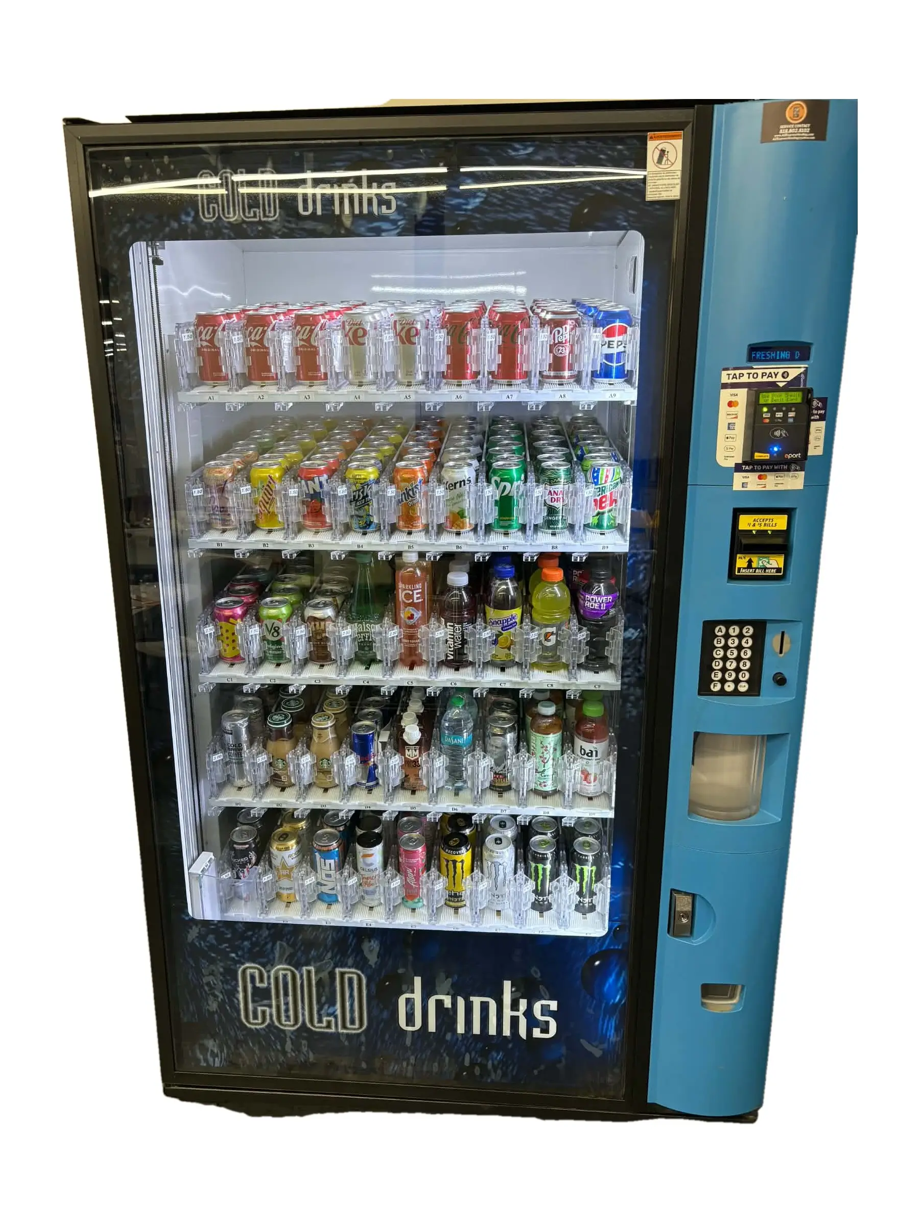 Refurbished Dixie-Narco 5800-4 BevMax 4 glass-front drink vending machine, lit and fully stocked with sodas, sports drinks, coffee drinks and energy drinks, with a blue service door holding the keypad, bill validator and coin slot