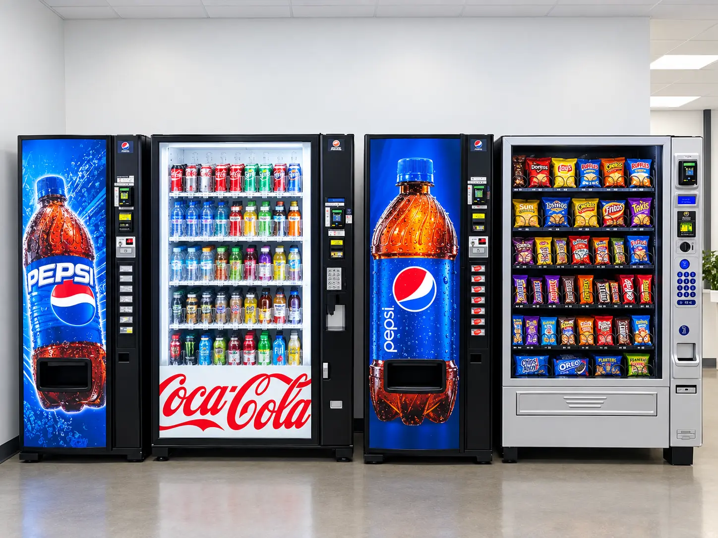 Four vending machines installed by AZ Express Vending along a modern office breakroom wall: two Pepsi drink machines, a glass-front Coca-Cola beverage machine stocked with sodas, juices and energy drinks, and a large glass-front snack machine filled with chips, candy and cookies — all with tap-to-pay card readers