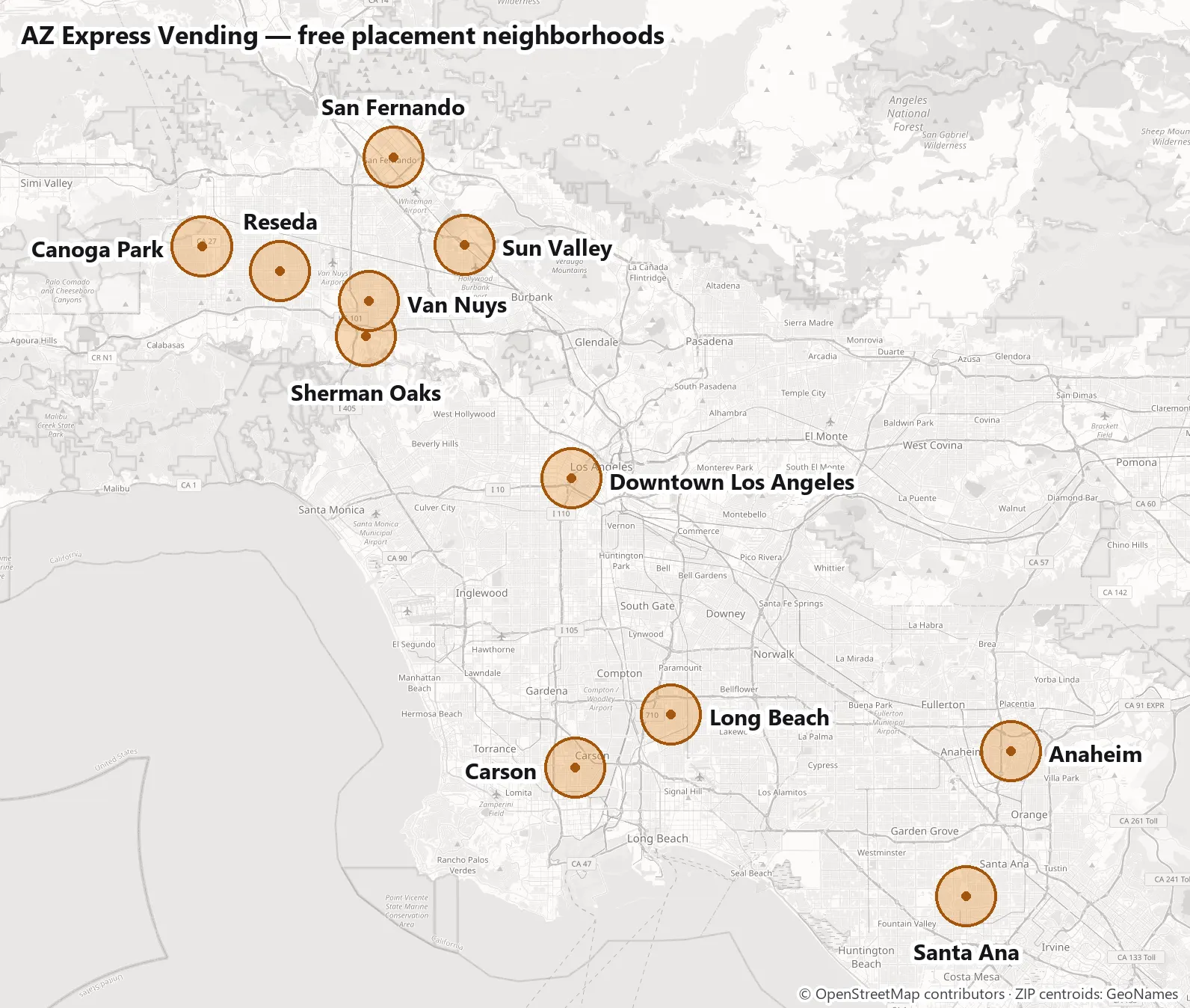 Map of the AZ Express Vending free placement neighborhoods in Los Angeles and Orange County, each circled: Canoga Park, Reseda, San Fernando, Sun Valley, Sherman Oaks, Van Nuys, Downtown Los Angeles, Long Beach, Carson, Santa Ana, Anaheim