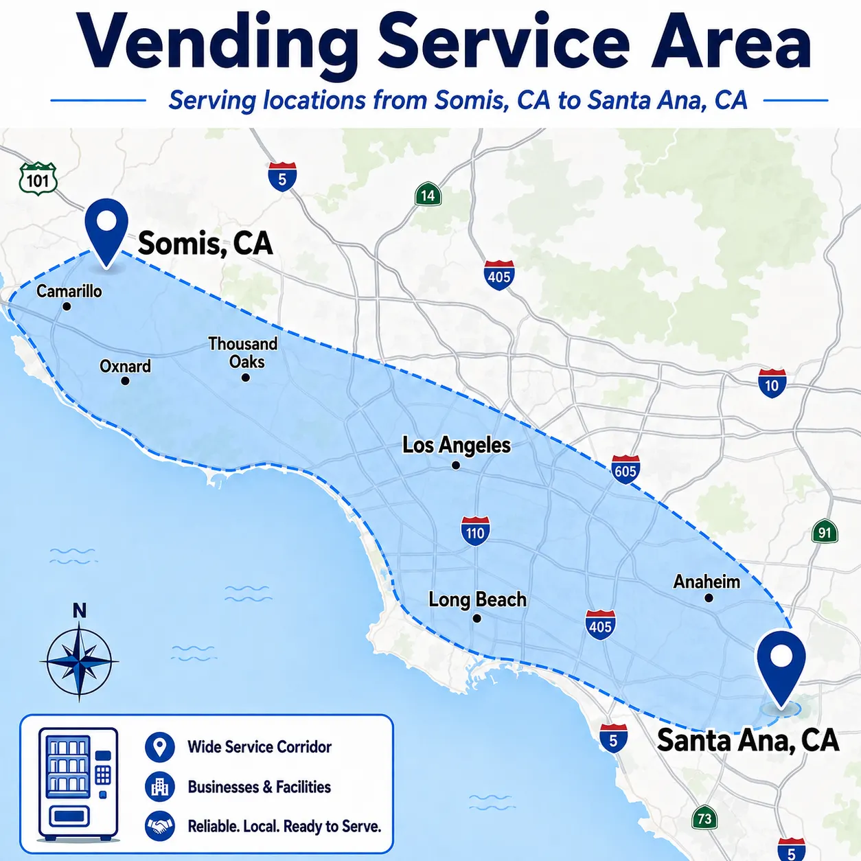 Vending service area map: the coverage corridor from Somis, CA through Camarillo, Oxnard, Thousand Oaks, Los Angeles and Long Beach to Anaheim and Santa Ana, CA
